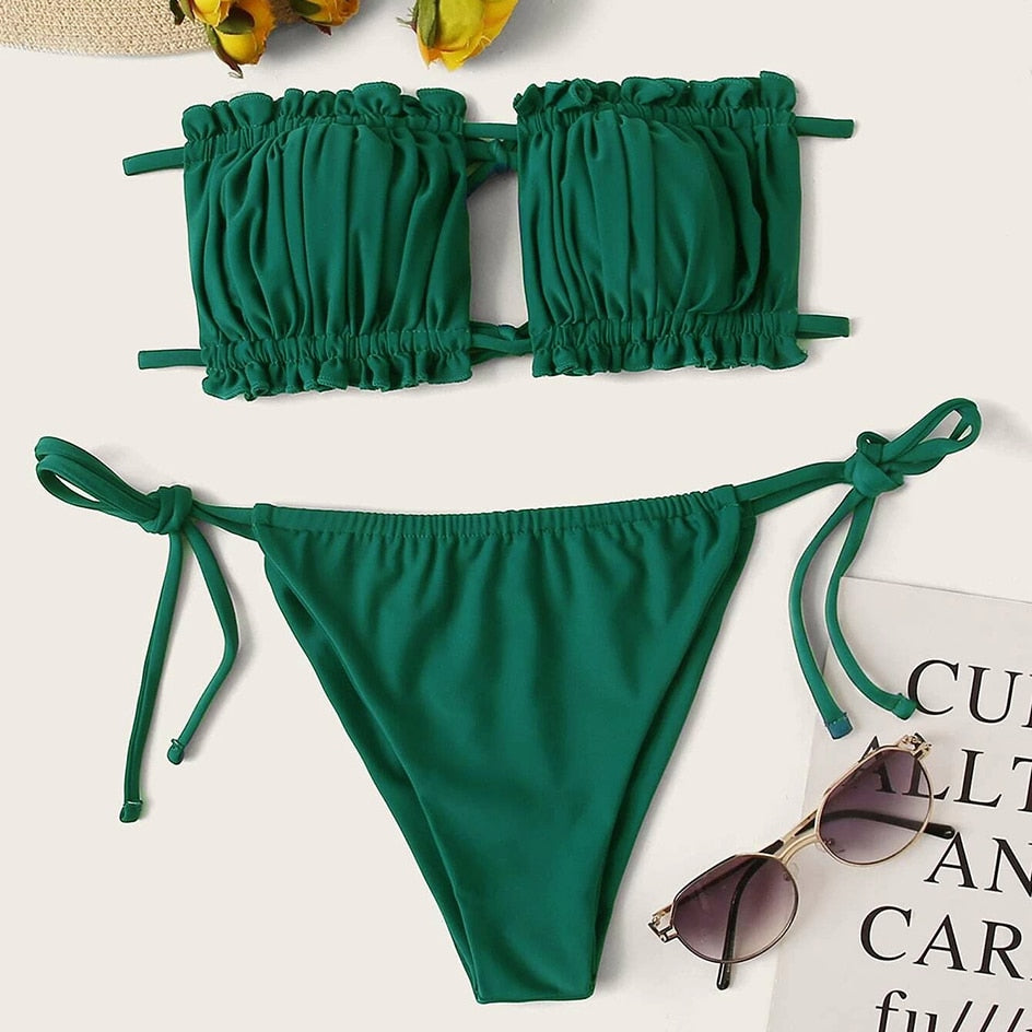 Sexy Pleated Bikini Swimsuit  Mini Thong