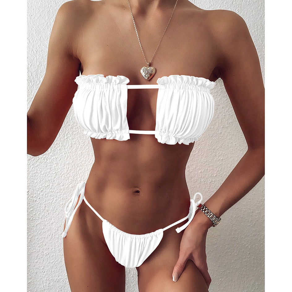 Sexy Pleated Bikini Swimsuit  Mini Thong