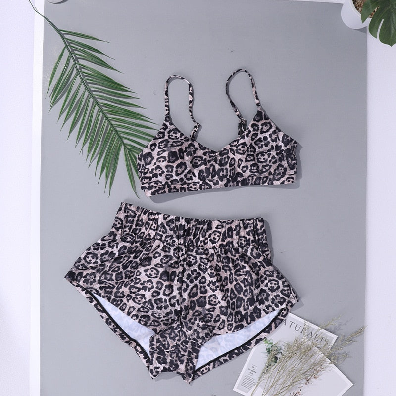 Leopard Bikini Set Casual Shorts Crop Tops